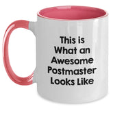 Funny Postmaster Gifts, This Is What An Awesome Postmaster Looks Like Two Tone Coffee Mug, Graduation Unique Gifts from Friends, Perfect for Postmaster, Women, and Family - Main